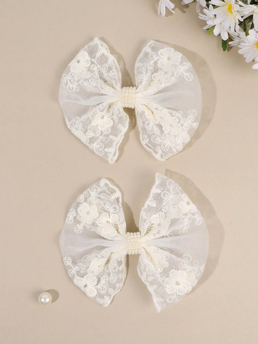 2pcs Beige Hair Bows For Young Girls Floral Lace Pearl Beaded Decor Alligator Clips Elegant Wedding Daily Hairclips Teens Hair Accessories - Beige - View 1