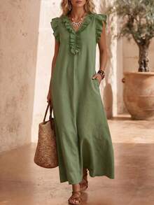 Women's Green Bohemian V-Neck Sleeveless Ruffle A-Line Dress, Summer Casual Vintage Dress - Army Green - View 1