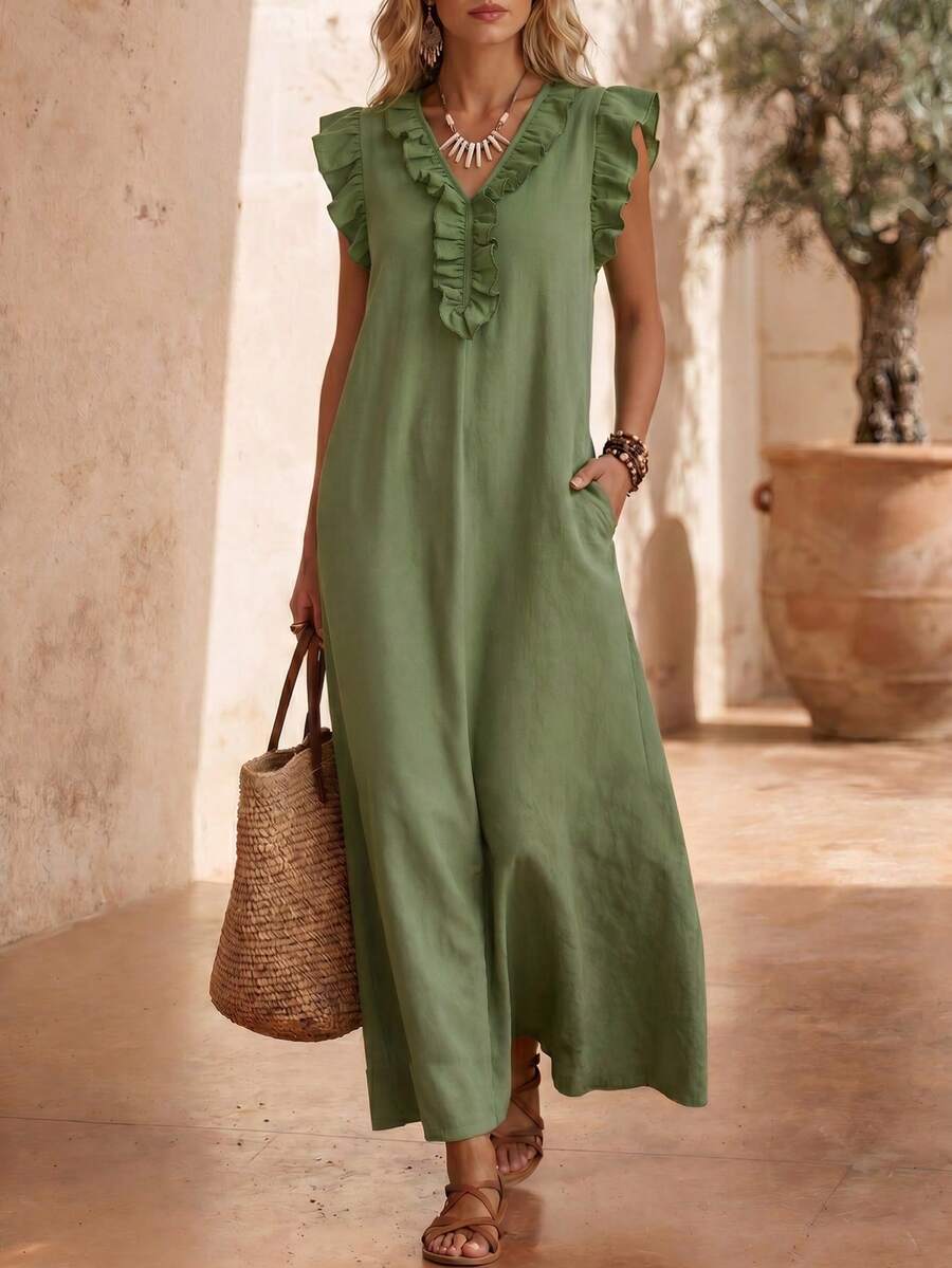 Women's Green Bohemian V-Neck Sleeveless Ruffle A-Line Dress, Summer Casual Vintage Dress - Army Green - View 1
