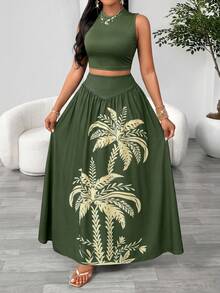 Autumn Women's Elegant Vacation Casual Style Mesh Solid Color Sleeveless Tank Top + Tropical Tree Print Long Skirt 2 Pieces Set Summer - Dark Green - View 4