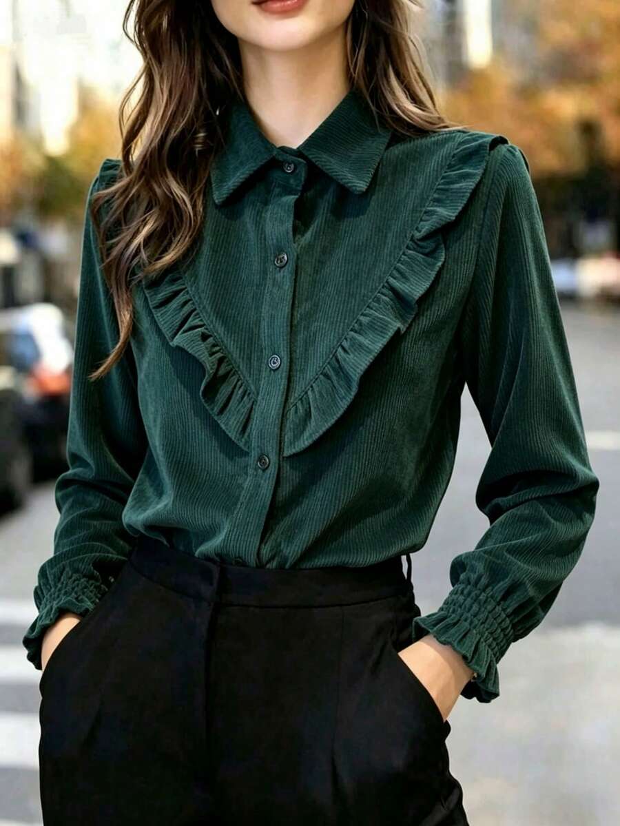 Women's Corduroy Solid Color Office & Home Shirt - Dark Green - View 1