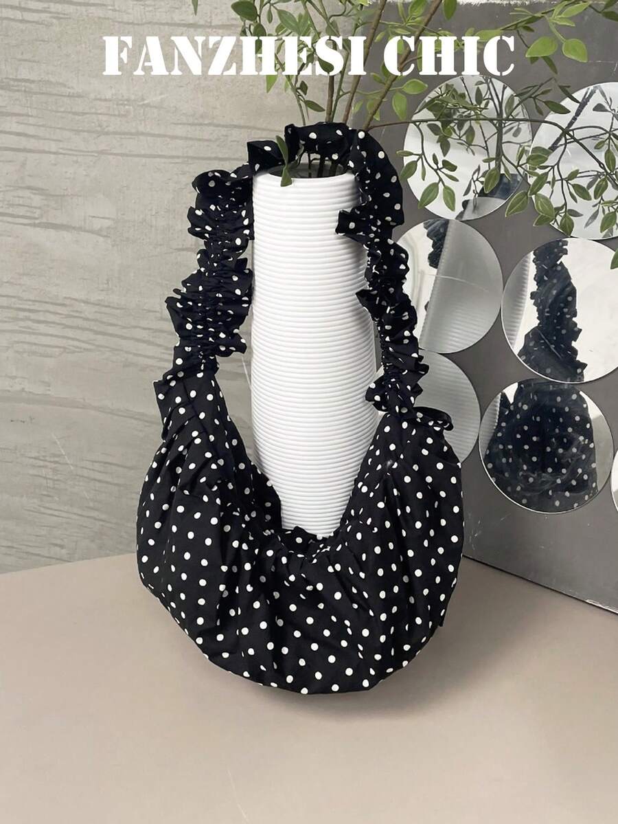 Black With White Polka Dot Ruched Edge Fabric Tote Bag, Uniform Small Polka Dot Print With Lightweight Smooth Fabric Material, Loose Crescent-Shaped Body With Ample Capacity, Suitable For Students' Daily Classes And Commuting, White-Collar Workers' Light Travel To Work, Casual Dates, Short Trips And Vacations - Black - View 1