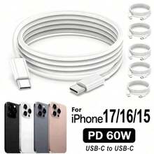 純白色 USB-C 轉 USB-C 手機充電線，60W 快充，家用與大家庭多人使用備用線，1/3/5/10入大包裝可選，相容 iPhone 17/16/15 系列、Galaxy S26/S25 系列 - 彩色 - 查看 1