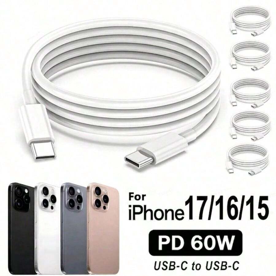 純白色 USB-C 轉 USB-C 手機充電線,60W 快充,家用與大家庭多人使用備用線,1/3/5/10入大包裝可選,相容 iPhone 17/16/15 系列、Galaxy S26/S25 系列 - 彩色 - 查看 1