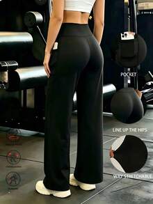 Women's Pocket Yoga Pants Casual Sports Straight Leg High Waist Slimming Tummy Control Dance Wide Leg Long Pants - Black - View 2