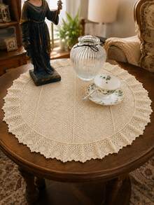 Bubaba Vintage Polka Dot Crochet Lace Round Table Mat, 60cm/40cm Handmade Hollow Lace Tablecloth With Scalloped Edge, Farmhouse Style Decorative Centerpiece For Coffee Table, Dining Table, Vanity - Beige - View 1