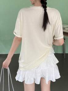 復古美式字母印花短袖珍珠圓領寬鬆休閒T恤 夏季 - 杏色 - 查看 2