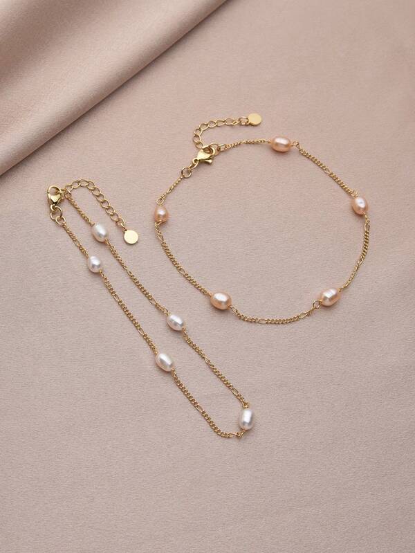 2pcs Elegant 18K Gold Plated Freshwater Pearl Handmade Women's Anklet Set, Mother's Day, Valentine's Day, Birthday, Wedding, Engagement, Bridal Gift