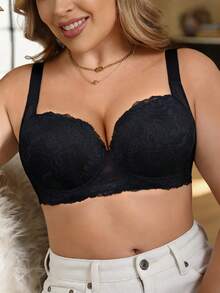 Women's Plus Size Floral Lace Underwire Bra, Comfortable Breathable, Push Up Side Support, Wide Shoulder Straps Hide Armpit Fat & Anti-Slip Wide Hem - Black - View 5