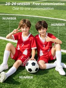 2pcs/Set Personalized Allover Print Football Outfit For Boys, Custom Name & Number/Club Logo Design, Sports Player Jersey, Children Sports Set, Girls Sports Set, 2pcs Boys Football Uniform Set, Custom Name & Idol Design, Short Sleeve & Shorts Set, Suitable For Boys/Girls Sports, Cycling, Outdoor Running, Soccer, Celebrity Same Style Uniform - 紅色 - 查看 5
