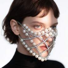 Fashionable 2026 Multi-Layer Pearl Mesh Mask, Exaggerated Rhinestone Mask For Music Festivals And Night Parties - Silver - View 2