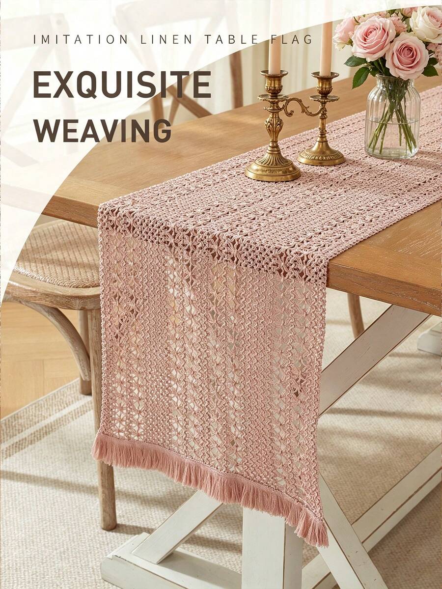 1pc Pink Tassel Trim Table Runner, Home Decor, Suitable For Dining Room, Living Room, Wedding, Party, Dinner Table Decoration, Gathering Decor & Holiday Gift, Multiple Size Options - Pink - View 1