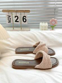 Women's Thick Sole Square Toe Woven Slides, Summer Outdoor French Vacation Style Elegant Sandals - Beige - View 6