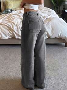 New Fashionable Vintage Wide Leg Jeans For Women, Mid-Waist Loose Flattering Straight Leg Denim Pants, Versatile All Season Casual Spring - Light Grey - View 2