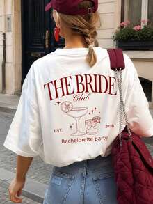ZZG Es Trus 夏季女款「THE BRIDE Club」圖案印花街頭 Y2K 風格白色圓領大尺碼短袖 T-shirt 上衣休閒款 - 白色 - 查看 2