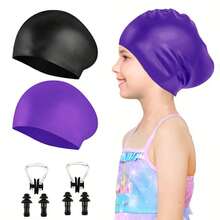Gorro de natación (2 piezas), Gorro de natación unisex para cabello largo--Gorro de natación de silicona, Adecuado para cabello largo, Adecuado para niños y adolescentes de 5-15 años, Gorro de natación impermeable y duradero, Gorro de baño impermeable con protección para los oídos, Mantiene el cabello seco - Multicolor - Ver 18