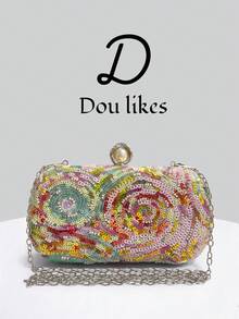Oil Painting Style Colorful Beaded & Sequin Handheld Evening Clutch, Hand-Stitched Colorful Sequins And Beads Interwoven Into Fluid Vortex Texture, Rhinestone Inlaid Handle Design Complementing The Rhinestone Lock, Suitable For Wedding, Evening Party, Birthday Party, Vacation, Date, Daily Wear - Multicolor - View 3