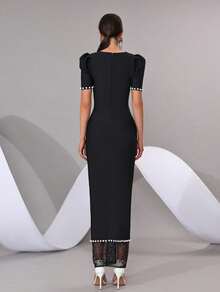 Fashionable Slim Fit Short Puff Sleeve Maxi Dress, Pearl Embellished Square Neck, Sheer Lace Hem, Suitable For Formal Events, Wedding Guests, Parties - Black - View 9