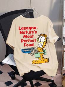 SHEIN | Garfield 女款米色雙面印花T恤，美食愛好者卡通貓千層義大利麵紅色字母印花，寬鬆短袖，日常街頭女孩休閒穿搭 - 杏色 - 查看 6