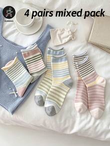 4 Pares de Meias Listradas Mistas com Borda Enrolada até a Panturrilha para Mulheres, Meias Slouch Respiráveis e Versáteis, Primavera/Verão - Multicolorido - Visão 1