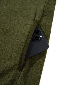 Mercer Haus Men's Solid Color Half-Zip Fleece Jacket, Loose Fit Warm Top For Autumn/Winter - Army Green - View 9