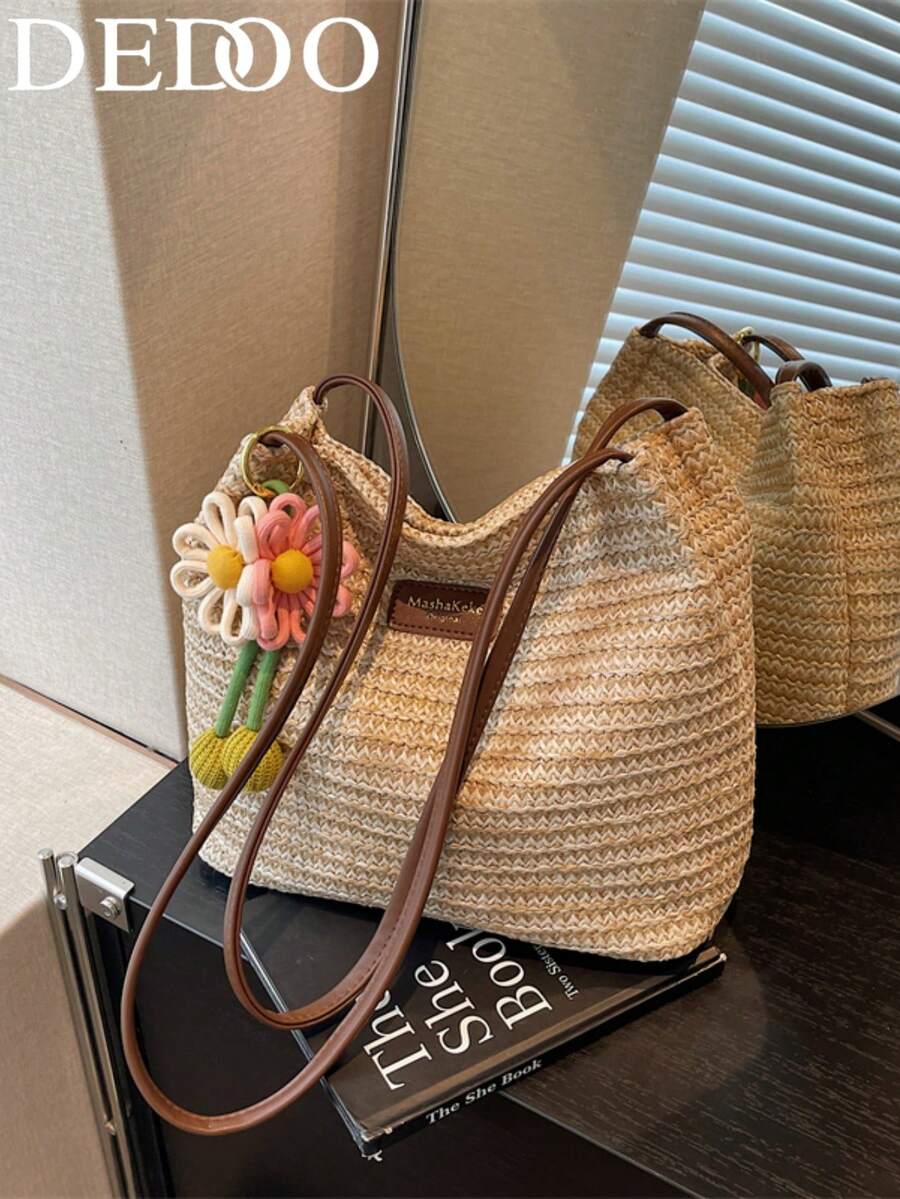Dedoo 時尚編織草編水桶包，彩虹條紋海灘度假女款手提包，可轉換肩背腋下包，附贈隨機吊飾