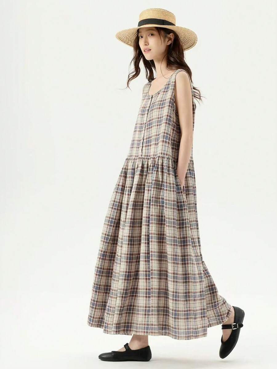 Summer New Plaid Sleeveless Loose A-Line Dress (Random Plaid) - Apricot - View 1