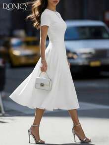 DONICY Women's White Textured Belted Midi Dress Spring Summer Fashion Elegant Wedding Guest Date Going Out Daily Casual Party Outfit - White - View 5