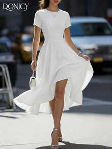 DONICY Women's White Textured Belted Midi Dress Spring Summer Fashion Elegant Wedding Guest Date Going Out Daily Casual Party Outfit - White - View 8