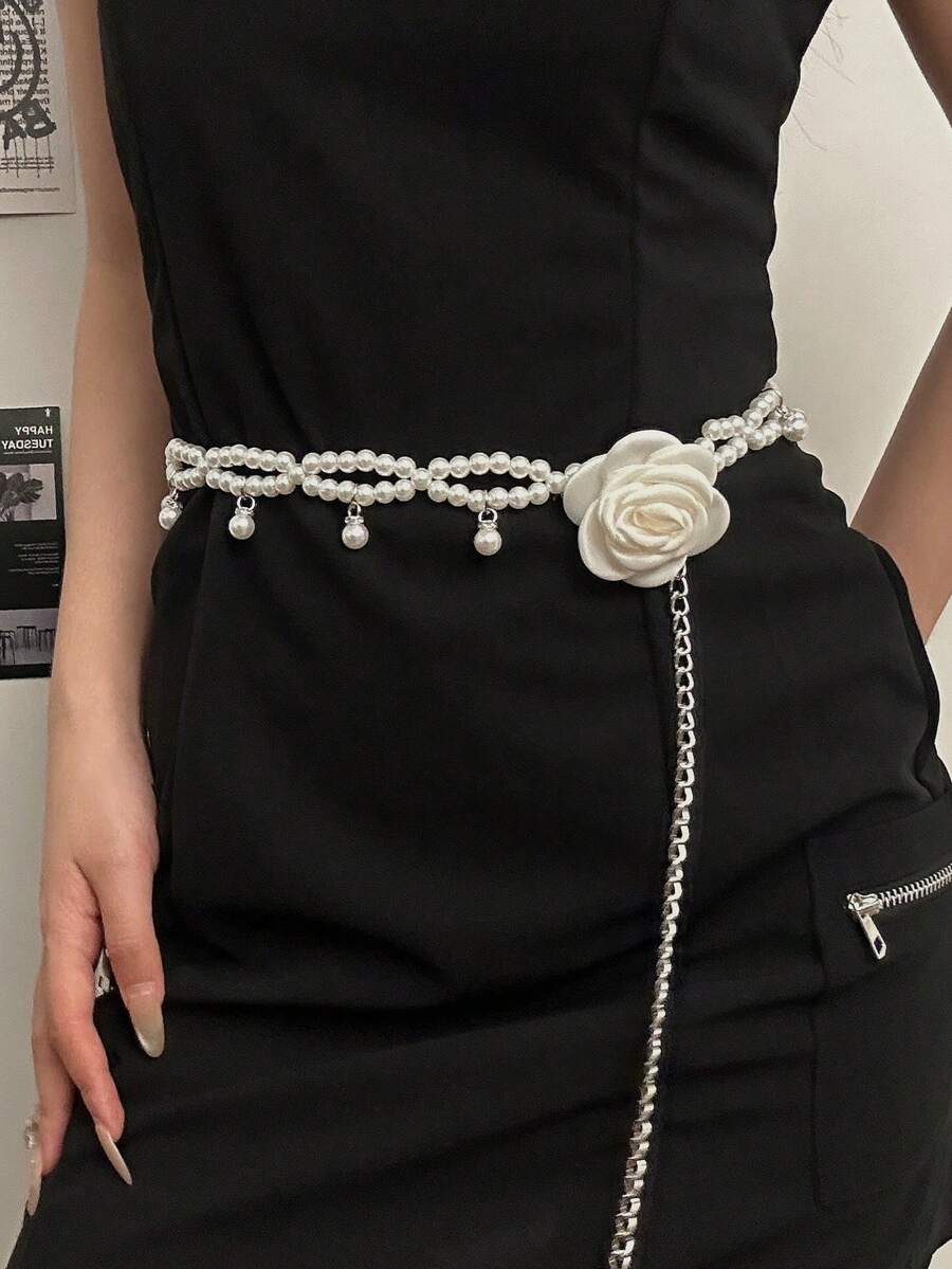 1pc Women's Waist Chain Pants Chain Camellia Pearl Waist Chain, High-End Fashion Versatile Dress Jeans Accessory, Thin Waist Belt, Elegant Sweet INS Style Design Body Chain - A - View 1