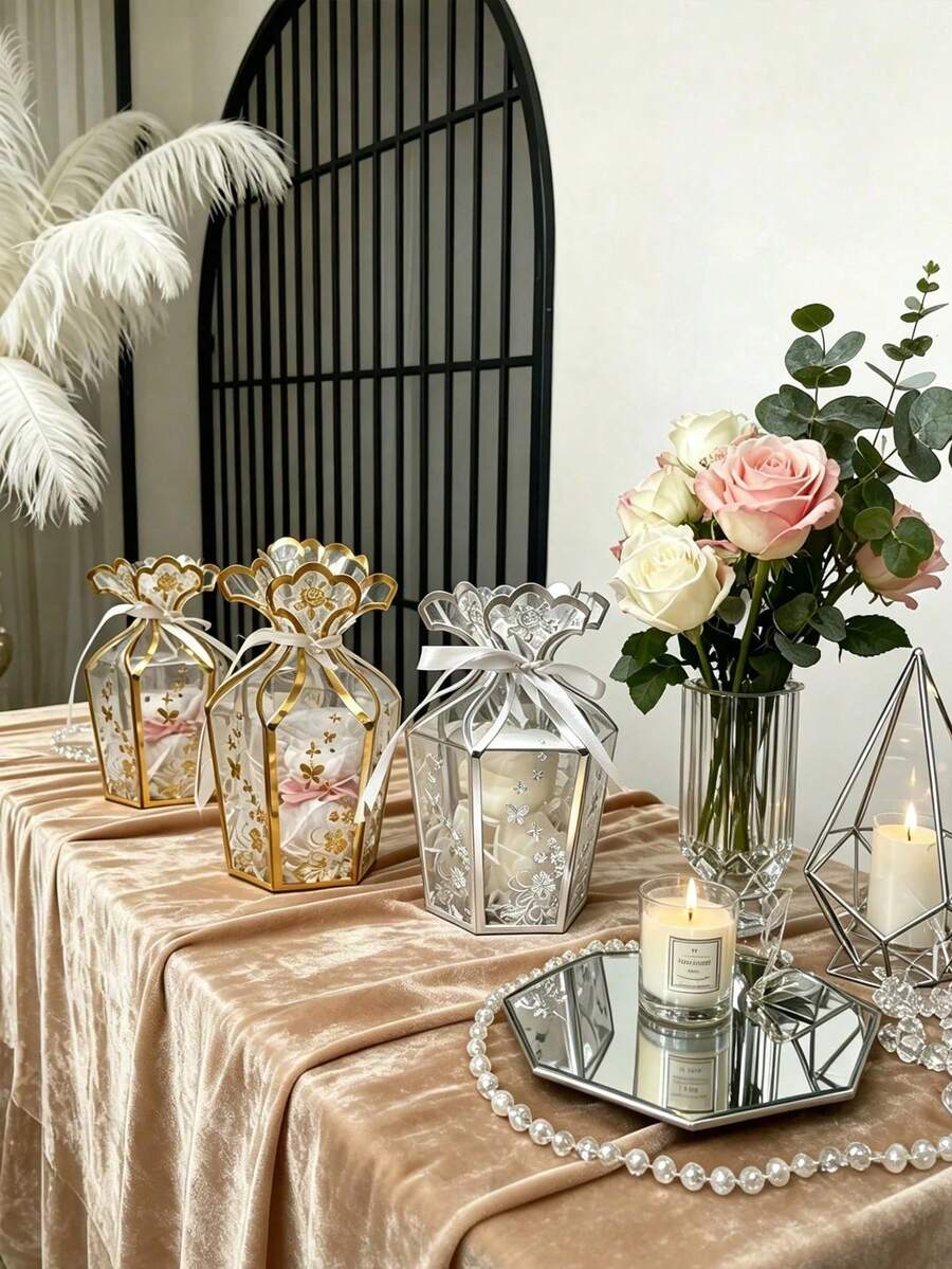 10/5/1pc Transparent Heat-Pressed Floral Pattern Vase Gift Box PVC Party Gift Box Chocolate Packaging Box Wedding Candy Box Birthday Party Gift Box Creative Handheld Gift Box - Multicolor - View 1