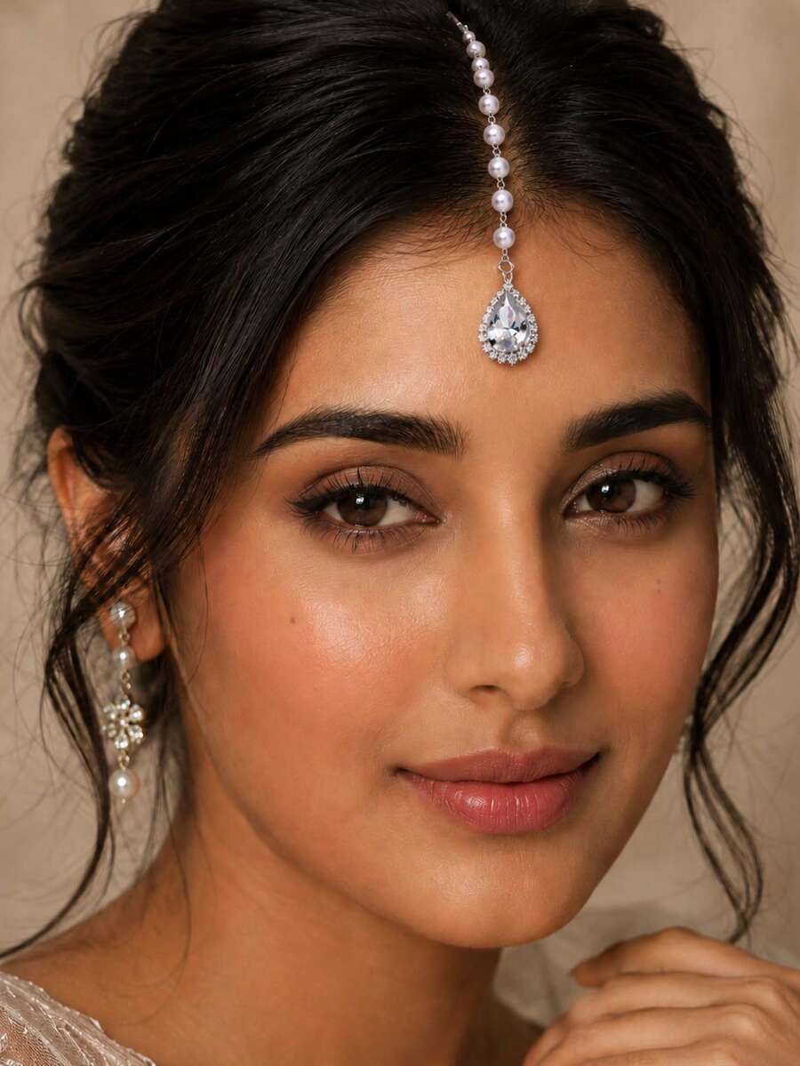 outingfit 1pc Vintage Bridal Forehead Chain Pearl Hair Chain Wedding Accessory - Silver - View 1