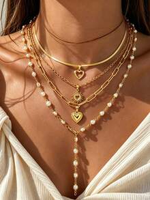 4pcs Vintage Elegant Fashion Heart Faux Pearl Necklace Set, Snake Chain Versatile Minimalist Layered Wear, Suitable For Women Summer Beach, Vacation, Party, Festival, Wedding, Date, Daily Wear, Gift For Mom And Friends - Yellow Gold - View 5