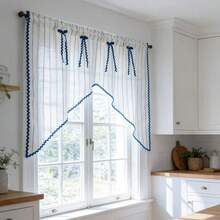 1PC New Japanese Style Linen Blue Striped S-Curved Edge Designer Window Curtain, Small Kitchen Curtain, Multi-Purpose Translucent Decorative Curtain With Rod Pocket Design, Fresh Style Finished Short Curtain - Beige - View 8