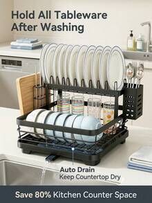 1 PACK Collapsible Kitchen Dish Rack Countertop Drying Rack With Cutlery Basket And Drip Tray Foldable Space Saving Design Dish Drainer Rack For Home Kitchen Counter Organization Storage - Black - View 5