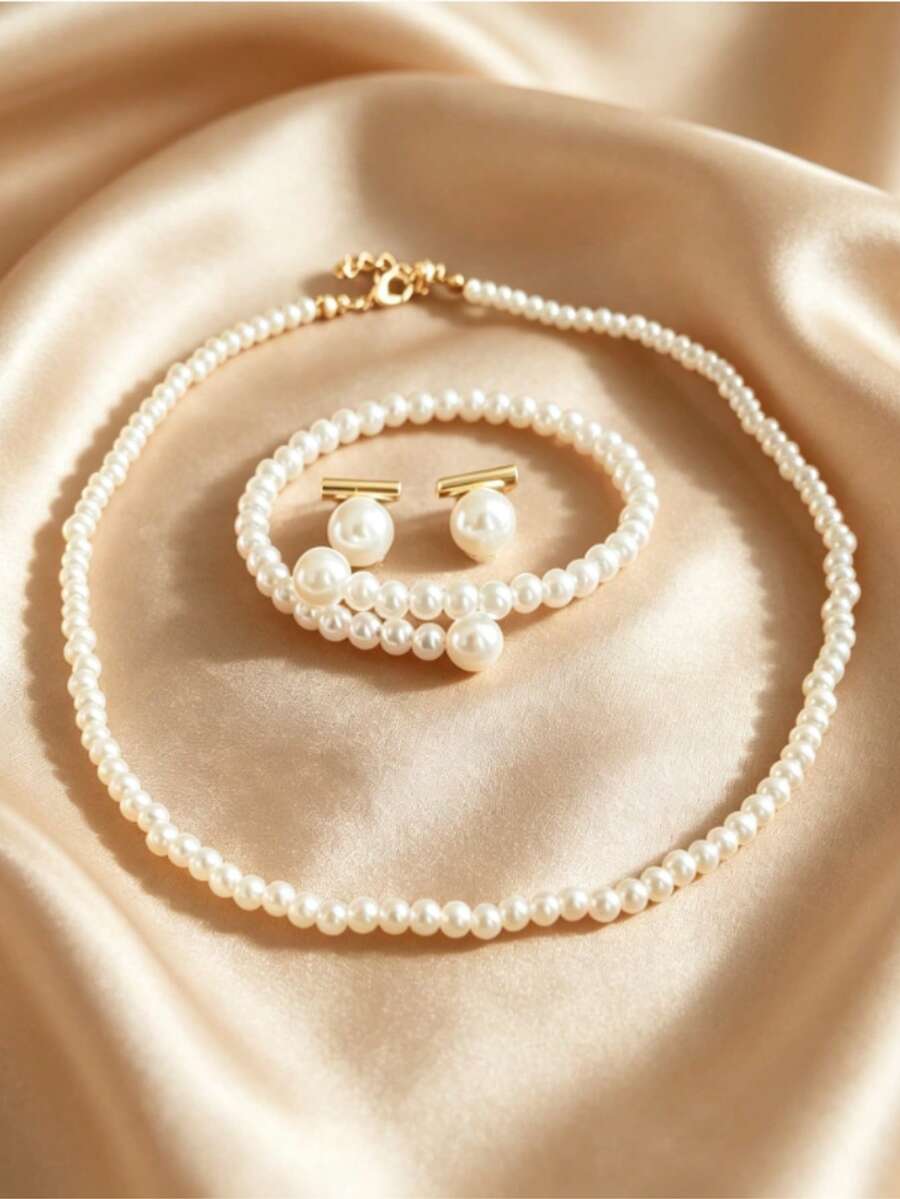 3-Piece French Style Versatile Matching Accessory Set, Daily Layered Jewelry Combination, Suitable For Weddings, Parties, Holiday Gifts, Daily Commute Wear - White - View 1