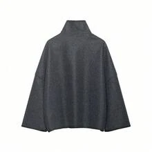Seelio Autumn/Winter New Women's European & American Style Fashion Minimalist Versatile Loose High Neck Long Sleeve Button-Up Jacket - Dark Grey - View 3