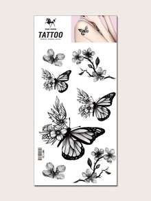 KING HORSE 1pc Waterproof Temporary Tattoo Sticker, Black Butterfly And Ink Style Floral Design - Black - View 1