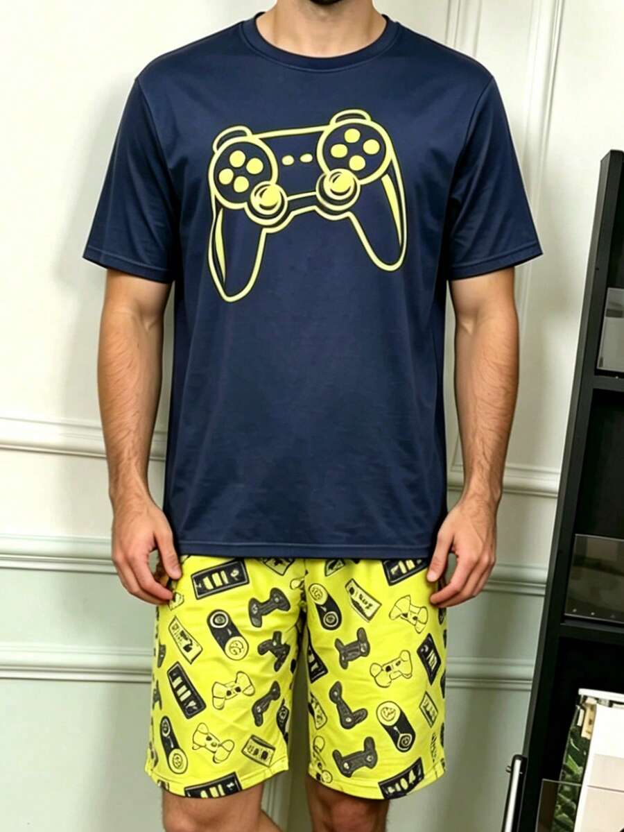 Men's Summer New Pajama Set, Comfortable Round Neck Cool Game Console Print Short Sleeve & Shorts 2-Piece Set, Lazy Comfortable Casual Homewear - Multicolor - View 1