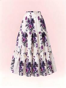 Spring/Summer Bohemian Vacation Style Ditsy Floral Elastic Waist A-Line Maxi Skirt, Country Style Ditsy Floral Elastic Waist A-Line Maxi Skirt - Purple - View 2