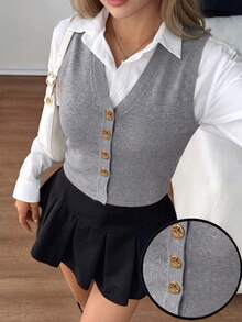 Top de tirantes de punto acanalado gris para mujer, top corto sin mangas con cuello en V y botones, prenda de punto para capas de primavera/verano - Gris - Ver 3