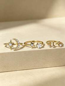 3pcs Women's Fashion Elegant Star Moon Musical Note Inlaid Cubic Zirconia Ring Jewelry Set, Suitable For Wedding, Dating, Holiday Gift And Other Romantic Occasions - 3 Pieces - View 3