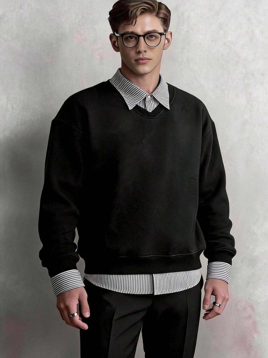 Kemeja Polo Lengan Panjang Kerah Kancing Motif Garis-Garis Kasual Pria,