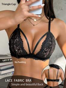 1pc Women's Sexy Semi-Sheer Lace Wireless Unpadded Comfortable Back Strap Triangle Cup Bra - Black - View 2