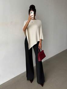 Minimalist Fashion Poncho Sweater, Solid Color Ribbed, Everyday Wear, Autumn/Winter Spring - Apricot - View 8