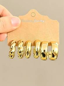 3-9 Pairs Fashionable C-Shaped Gold-Plated Earrings, Geometric Multi- Gold Earring Set, Women's Fashion Earring Set, Daily Wear, Non-Fading Low-Allergy Gold-Plated Earring Set - Gold - View 2
