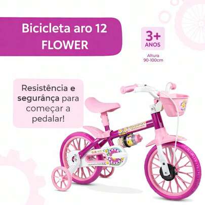 Bicicleta Infantil Menina Aro 12 com Rodinhas Rosa Flower