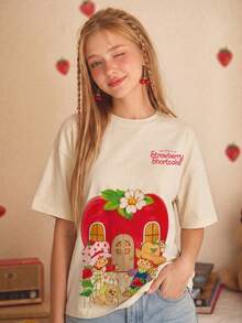 女款夏季 T-shirt，可愛草莓屋印花寬鬆休閒 T-shirt，適合日常甜美女孩風格 - 杏色 - 查看 6