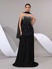 Black Strapless Pearl Decorated Evening Gown With Shawl, Suitable For Prom, Bridesmaid And Evening Party - Black - View 8