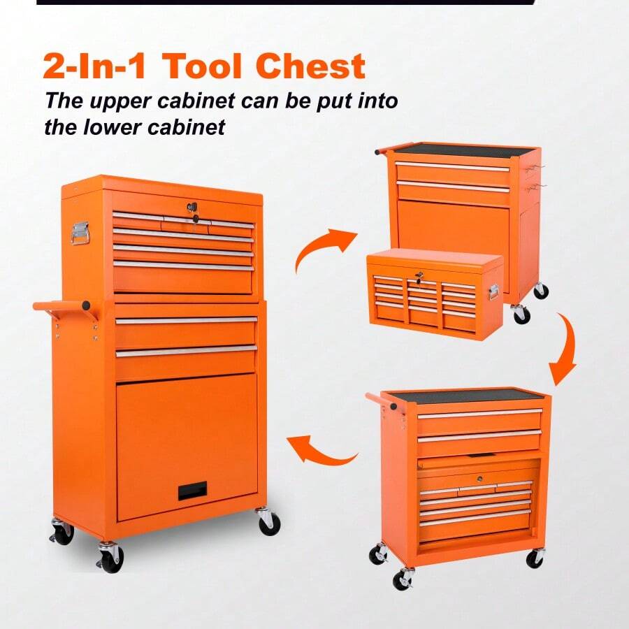 Tool Chest, 8-Drawer Rolling Tool Storage Cabinet With 2 In 1 Detachable Top Tool Box, Liner, Lockable Wheels, Side Hooks, Metal Tool Cart For Garage-XY50162 - Multicolor - View 1